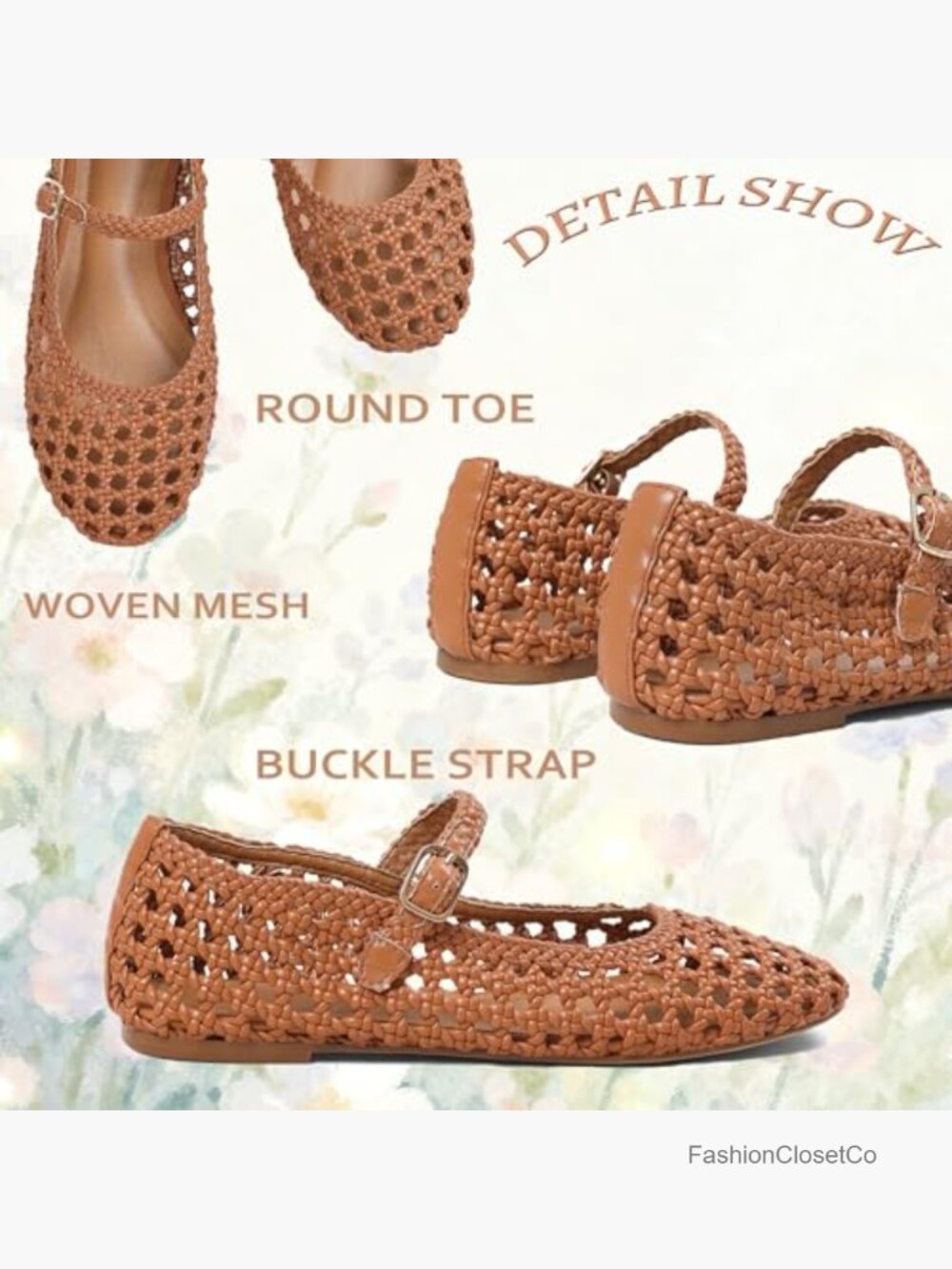 Woven Ballet Flats Round Toe Mesh Flats Buckle Strap Mary Jane Dressy Mesh - Picture 5 of 7